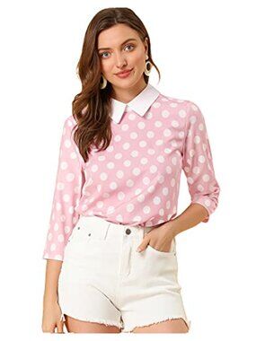 Peter Pan Collar Polka Dot Blouse 3/4 Sleeve Keyhole Back